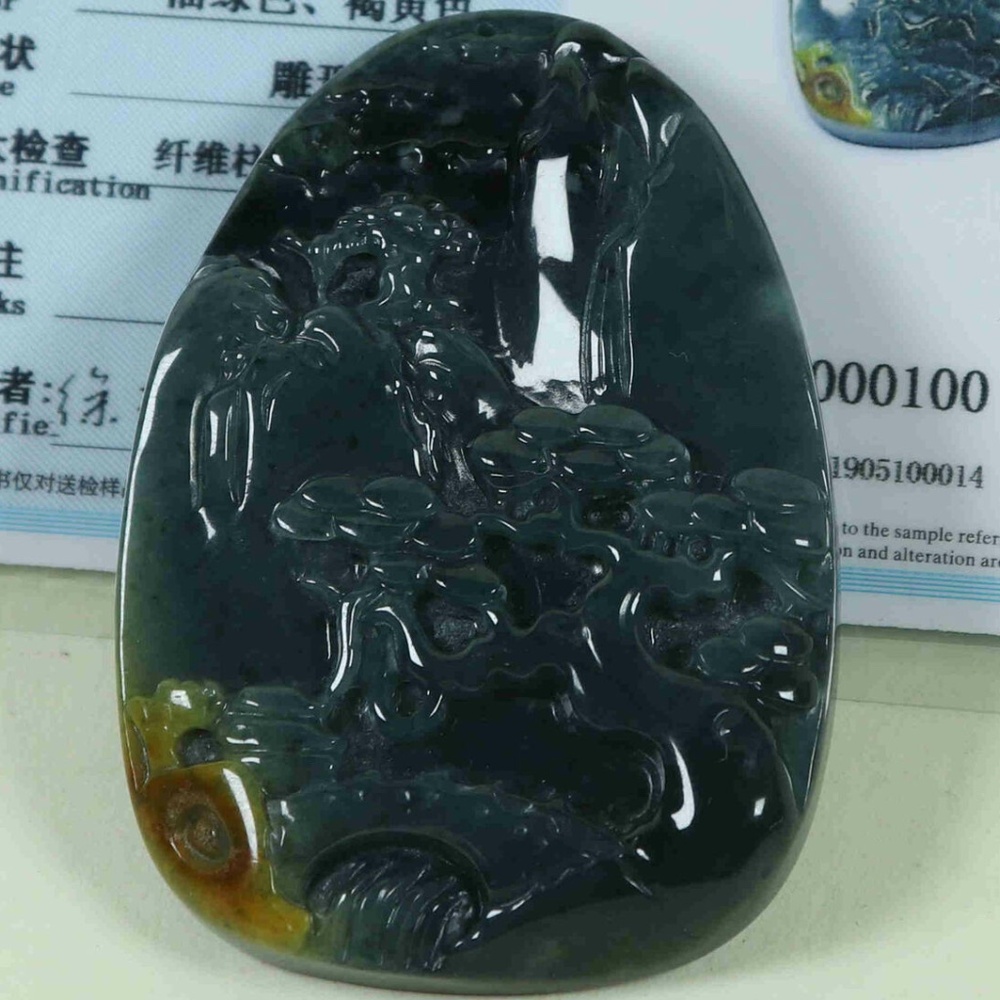 Cert'd Dark Green Natural A JADE jadeite Carved 2-sided Pendant Old pine